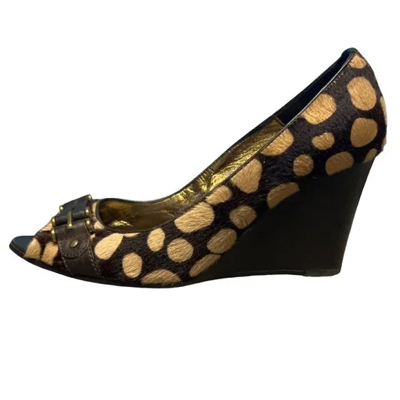 J Crew Collection Animal Print Calf Hair Peep Toe Horsebit Wedge Shoes Womens 8 - Picture 2 of 16